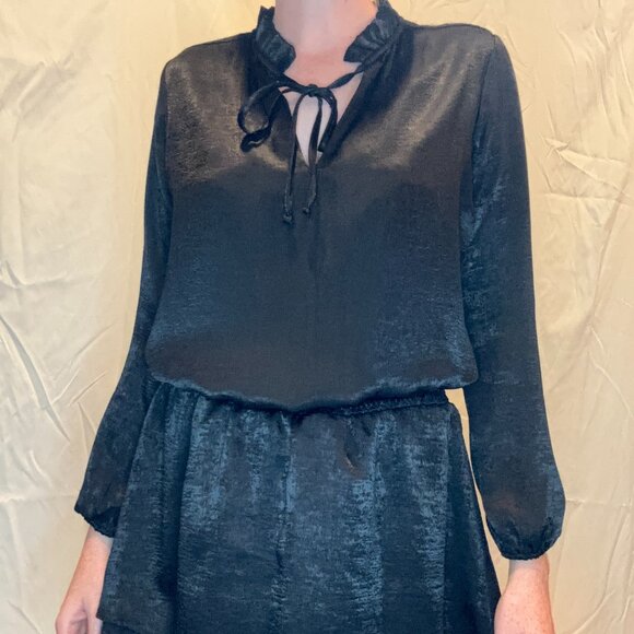 VERONICA M NWT SZ XS GORGEOUS BLACK LONG SLEEVE DRESS ADJ LENGTH NECK TIE RUFFLE - Picture 1 of 5